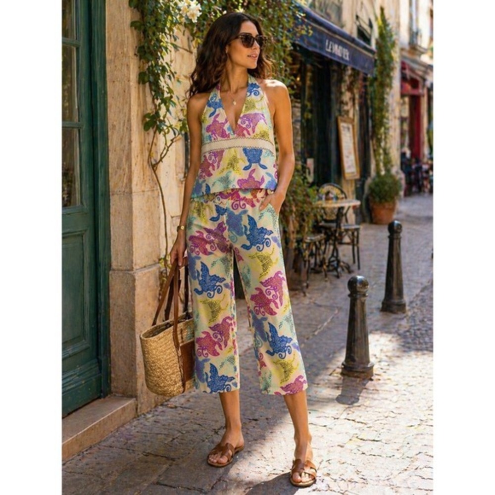 TIBI Set Halter Neck Top & Crop Top Matching Set in Boho Print